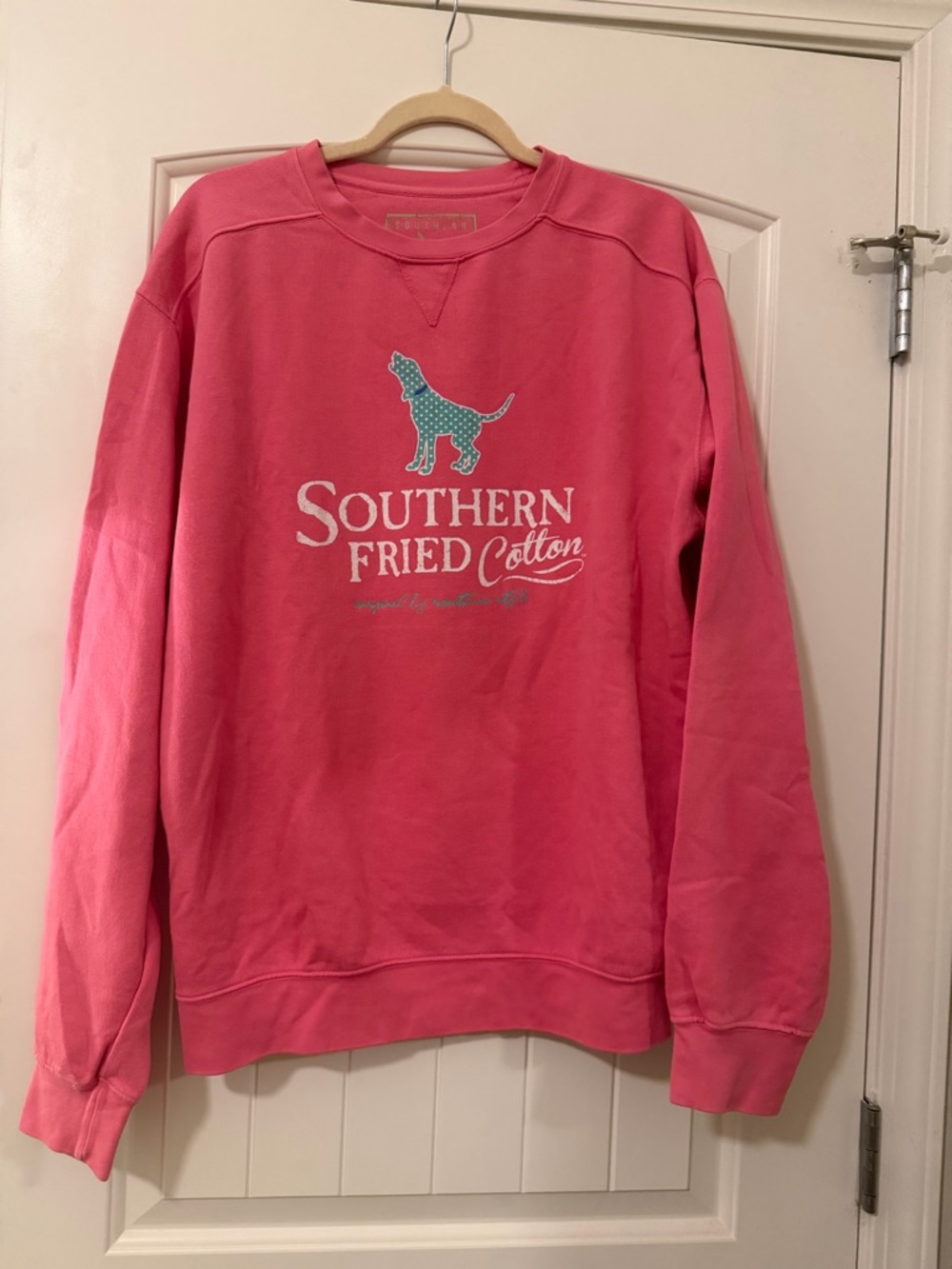 Southern Fried Cotton Coral-Pink Crewneck with Teal Dog Graphic